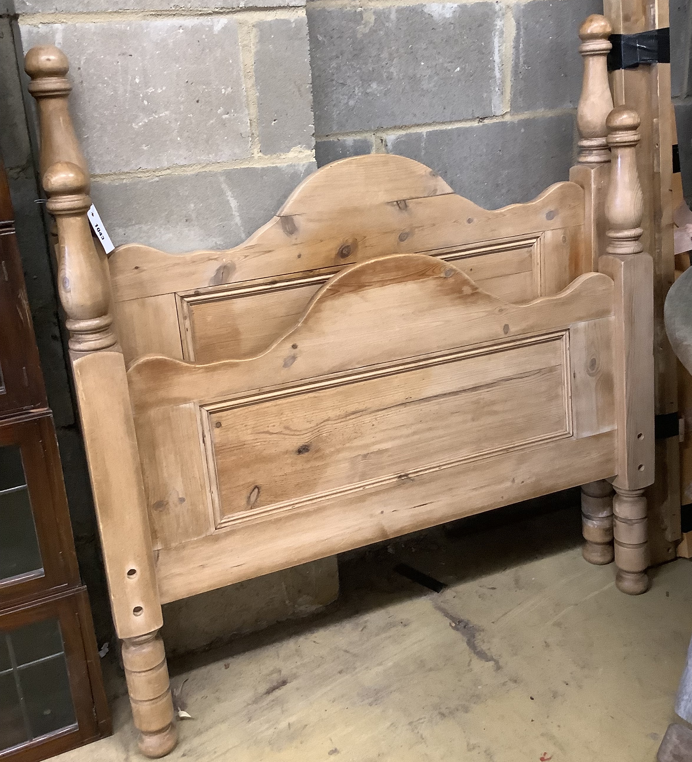 A Victorian style pine single bed frame, width 104cm